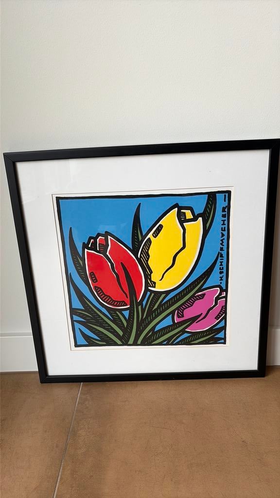 Fraai ingelijste zeefdruk Tulpen van Henk Schiffmacher, Antiek en Kunst, Ophalen of Verzenden