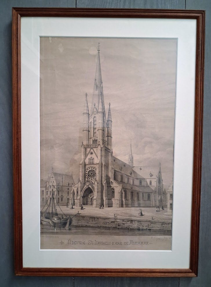 Gravure Nieuwe Sint Laurenskerk Alkmaar / P. Cuypers, 53 cm, 1800 - 1899, Stadsgezicht, Ophalen of Verzenden