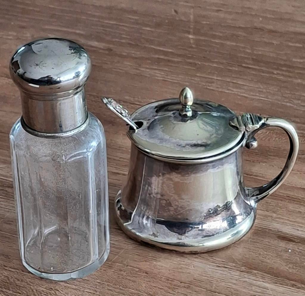 Oud mosterd potje + parfum flesje van vroeger tijden., Ophalen of Verzenden