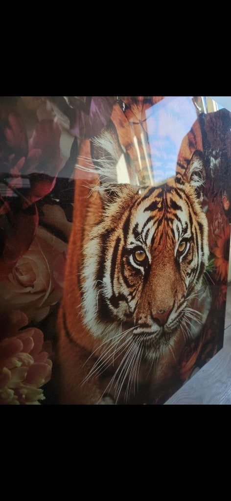 Glas schilderij , tijger en bloemen., Ophalen, Nieuw, Schilderij, 75 tot 100 cm