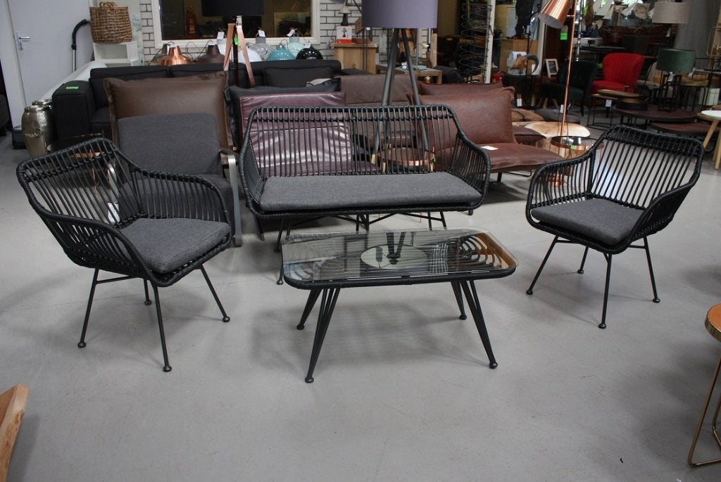 Leuk loungeset tuinset terras zwart rotan tuinbank fauteuil