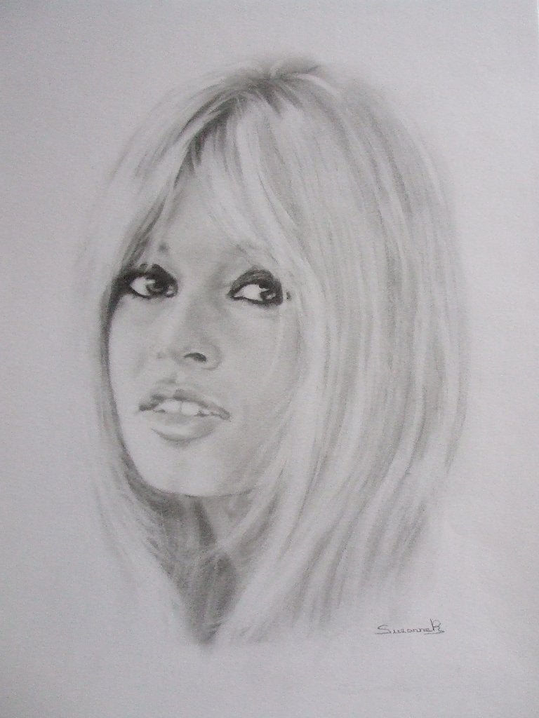 Portrettekening Brigitte Bardot, Papier/karton, Ophalen of Verzenden, Passe-partout, Overige technieken