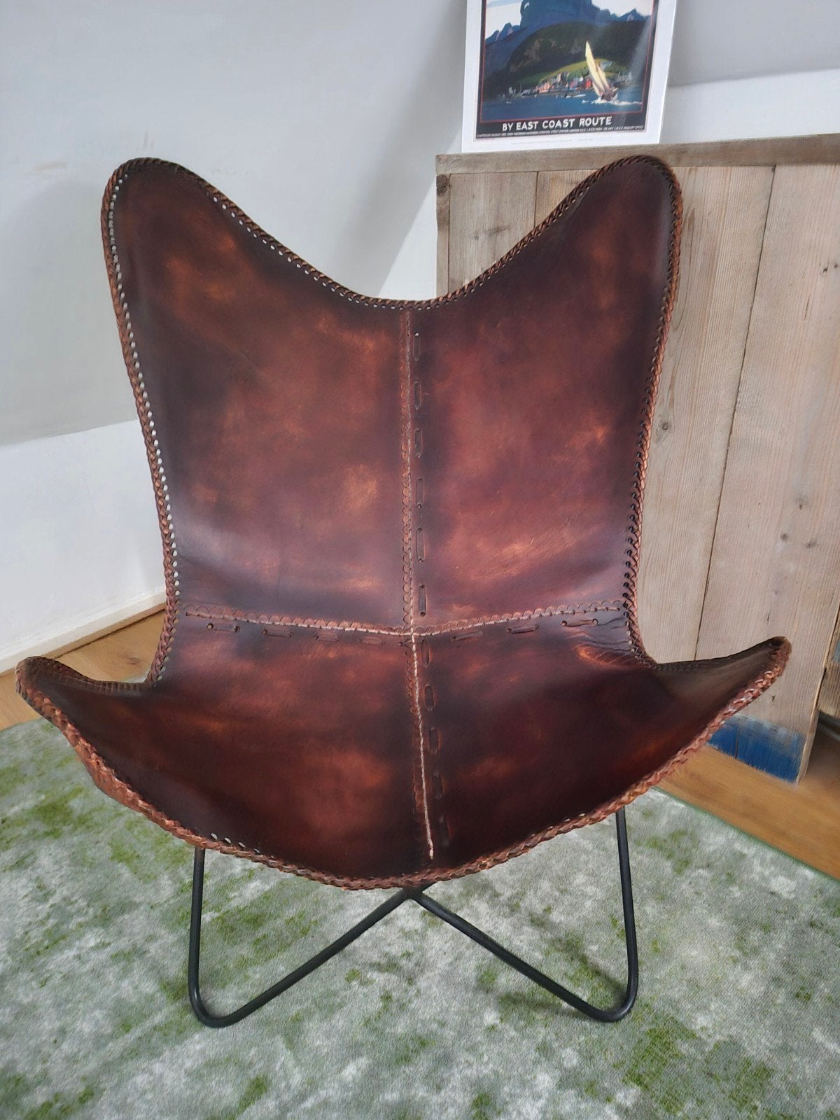 Leren Vlinderstoel - Bruin, Vintage Stijl, Huis en Inrichting, Stoelen, Ophalen, Gebruikt, Bruin, Vintage, Industrieel