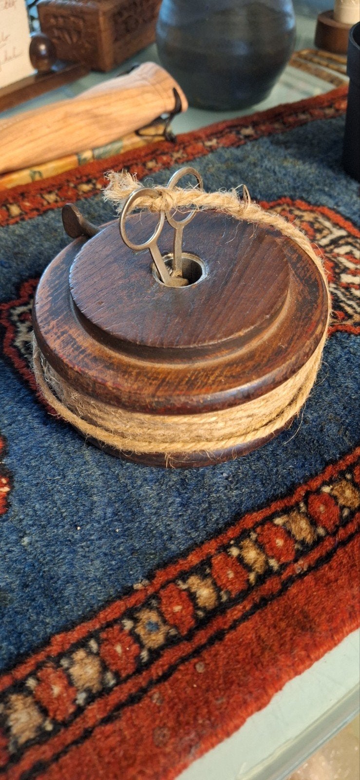 Antieke houten touwklos touwhouder schaartje jute touw klos, Ophalen of Verzenden