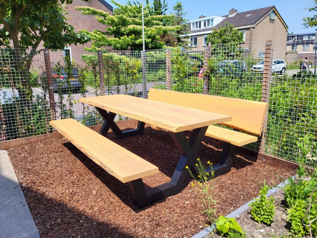 Picknicktafel staal en douglas/lariks hout. X frame Boomstam, Niet ingevuld, Niet ingevuld, Nieuw, Ophalen of Verzenden