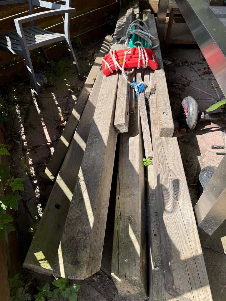Houten dubbele schommel - Goede staat, Tuin en Terras, Ophalen, Gebruikt, 250 cm of meer, Palen