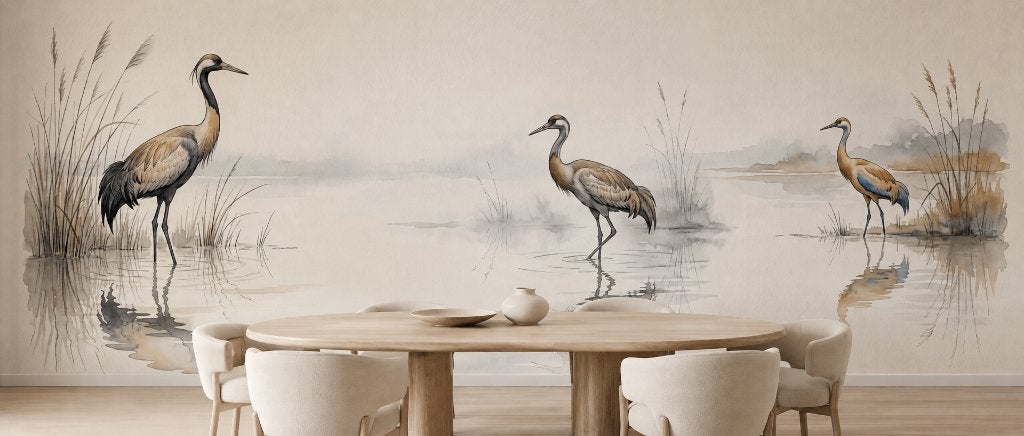 Vogel behang – sierlijke vogels aan een rustige rietplas, Natuurlijk, Overige merken, Beige, Ophalen of Verzenden