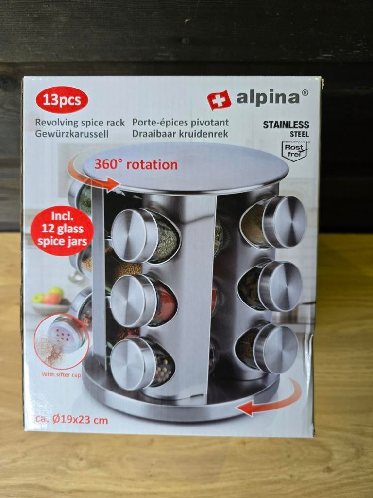 Alpina draaibaar kruidenrek met 12 glazen potjes, Ophalen of Verzenden, Nieuw, Glas