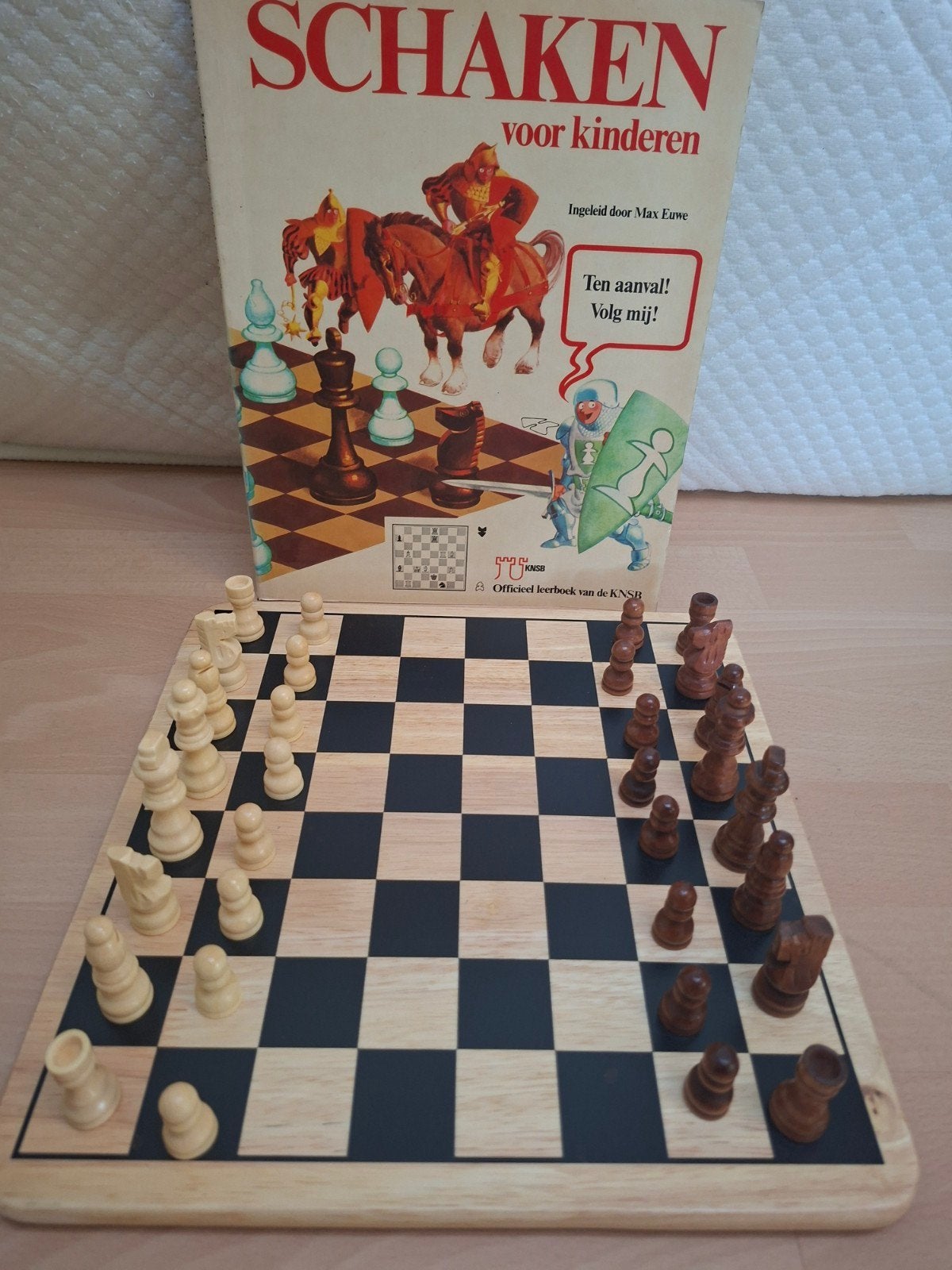 Mooi houten schaakspel en schaakboek, Ophalen of Verzenden, Zo goed als nieuw