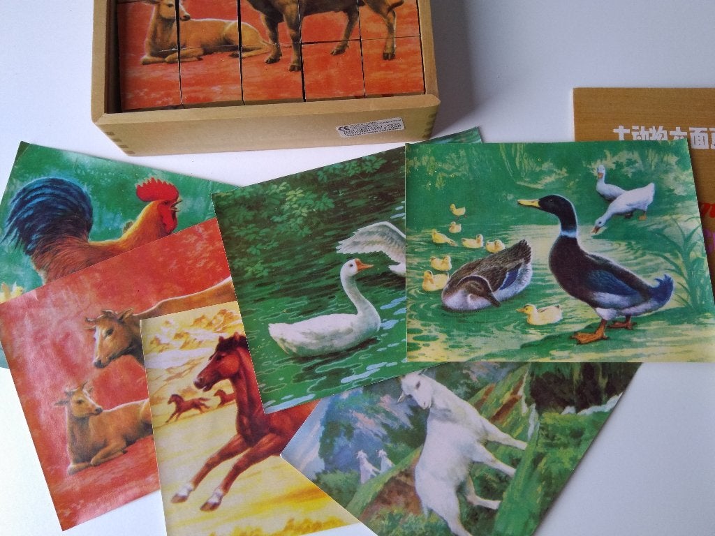 vintage houten blokkendoos boerderijdieren, Kinderen en Baby's, Ophalen of Verzenden, Zo goed als nieuw, Overige typen