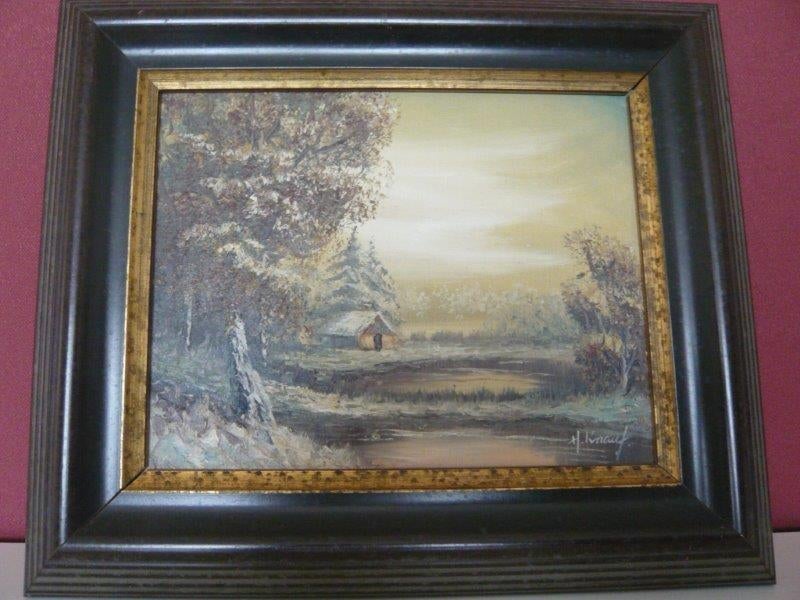 H. Knauf landschap met boshut in prachtige lijst 32x38cm, Ophalen of Verzenden