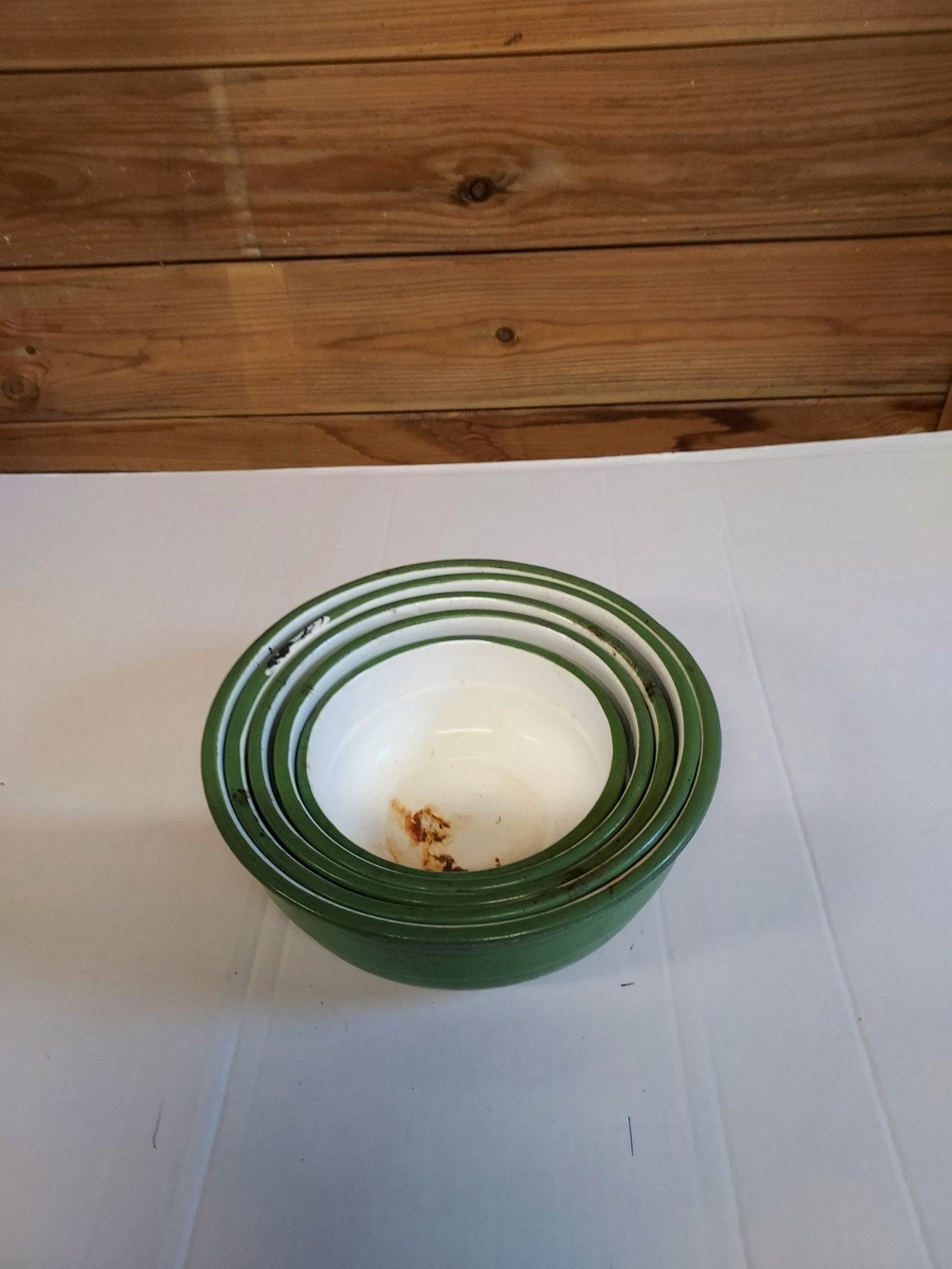 Emaille Set van 5 schalen kleur groen/wit, Ophalen