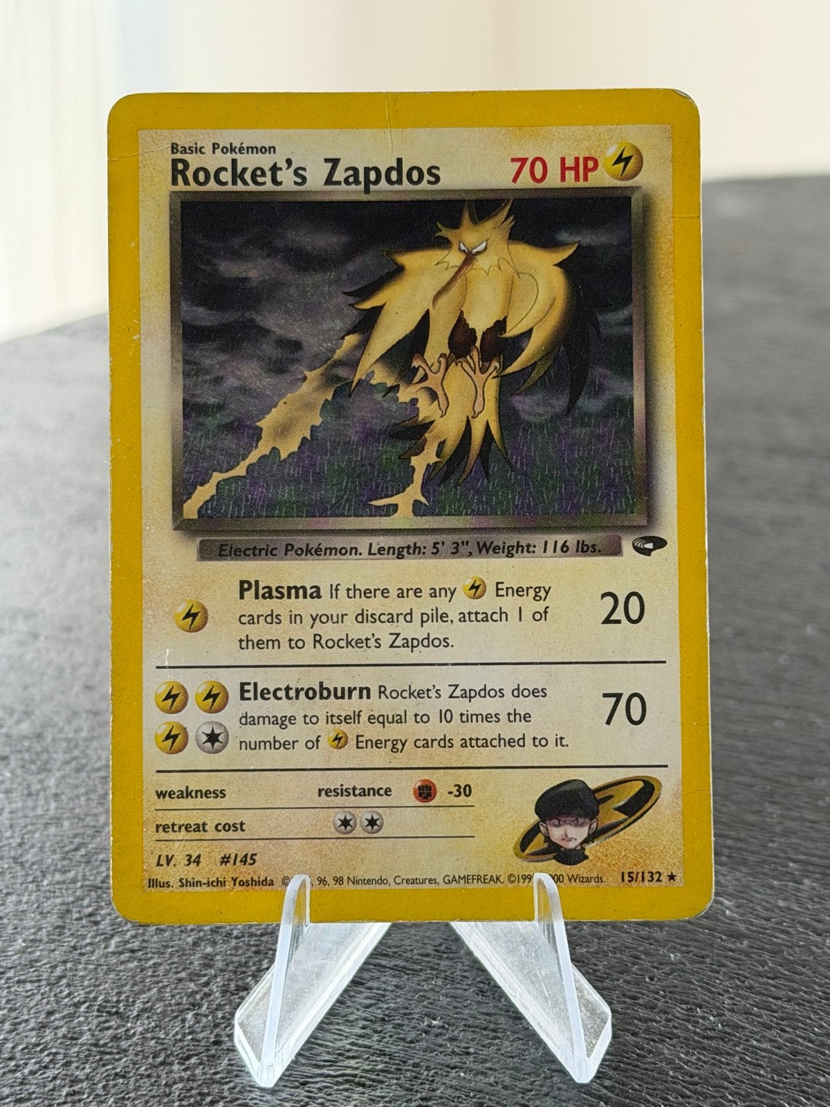 Rocket's Zapdos 15/132 Gym Heroes Pokémon kaart, Ophalen of Verzenden, Gebruikt, Losse kaart