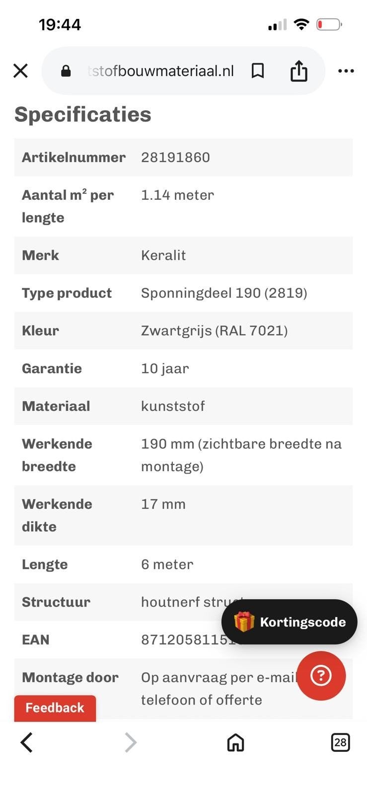 Keralit RAL7021 sponningdeel 190 (2819) Zwartgrijs RAL 7021, Doe-het-zelf en Verbouw, Platen en Panelen, Ophalen, Nieuw, Overige materialen