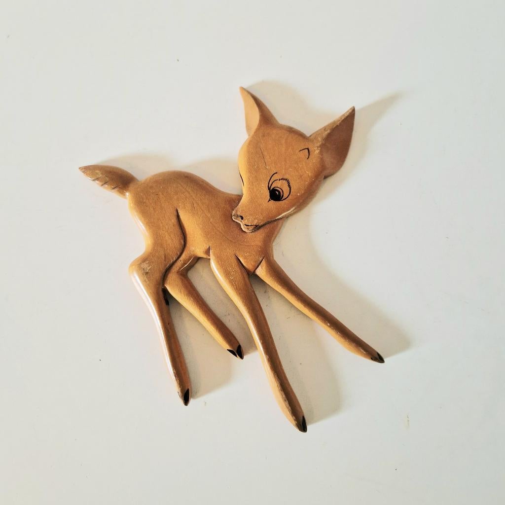 Teakhouten hertje bambi wandvogel stijl vintage beeldje, Ophalen of Verzenden, Huis en Inrichting