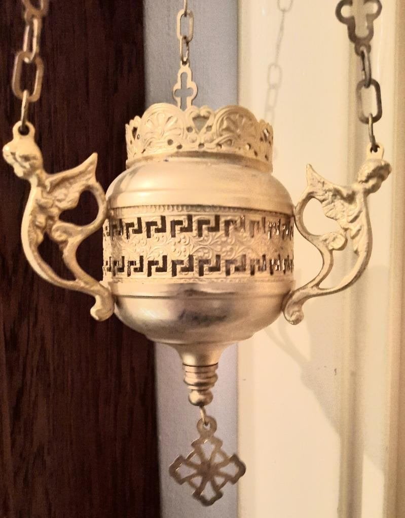 Antiek goudverguld koper godslampje met engelen kopjes, Ophalen of Verzenden