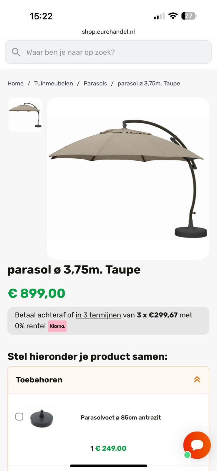 Grote Voetparasol 3,75m draaibaar/kantelbaar + extra voet, Kantelbaar, Ophalen of Verzenden, 3 tot 4 meter, Zweefparasol