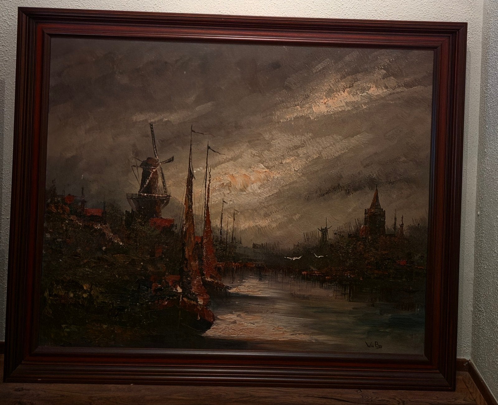 Schilderij Wim Bos: Hollands Landschap met Molen en Boten, Antiek en Kunst, Ophalen