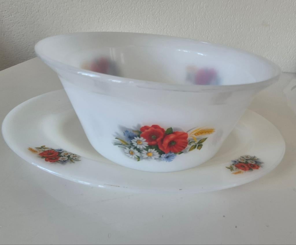 Vintage Arcopal France schaal en kom met bloemmotief, Ophalen of Verzenden