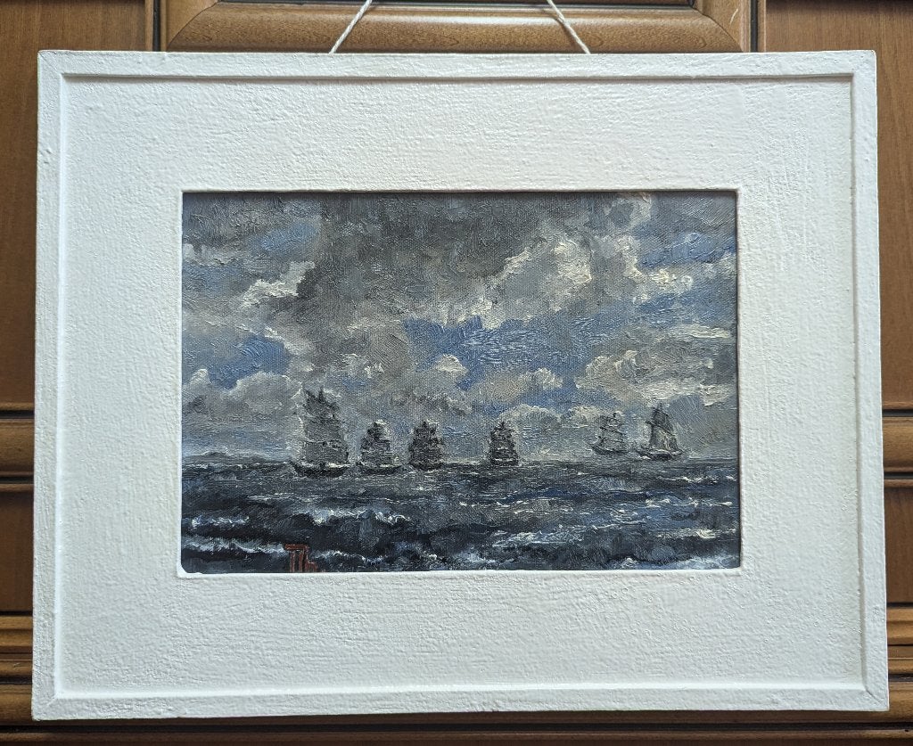 “Schepen aan de horizon” Impressionisme, Landschap, Handgeschilderd, Verzenden, Olieverf