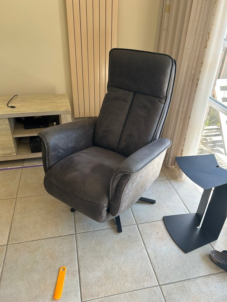 Comfortabele relaxfauteuil - Grijs stof/leer, Ophalen, Modern, Comfortabel, Gebruikt, 75 tot 100 cm