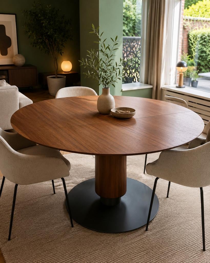 Design uitschuifbare eettafel – walnoot look – Ø150 cm, Huis en Inrichting, Tafels | Eettafels, Ophalen, Zo goed als nieuw, Rond