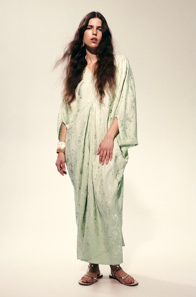 H&M kaftan/ jurk XL 42/44 pistache brokaat satijn viscose, Kleding | Dames, Jurken, Maat 42/44 (L), Ophalen of Verzenden, Zo goed als nieuw