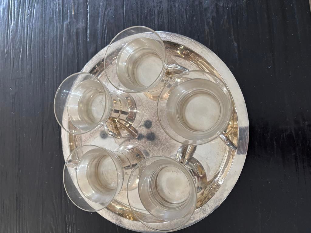 Vintage Glazen Kopjes met Zilveren Houders en Dienblad, Ophalen
