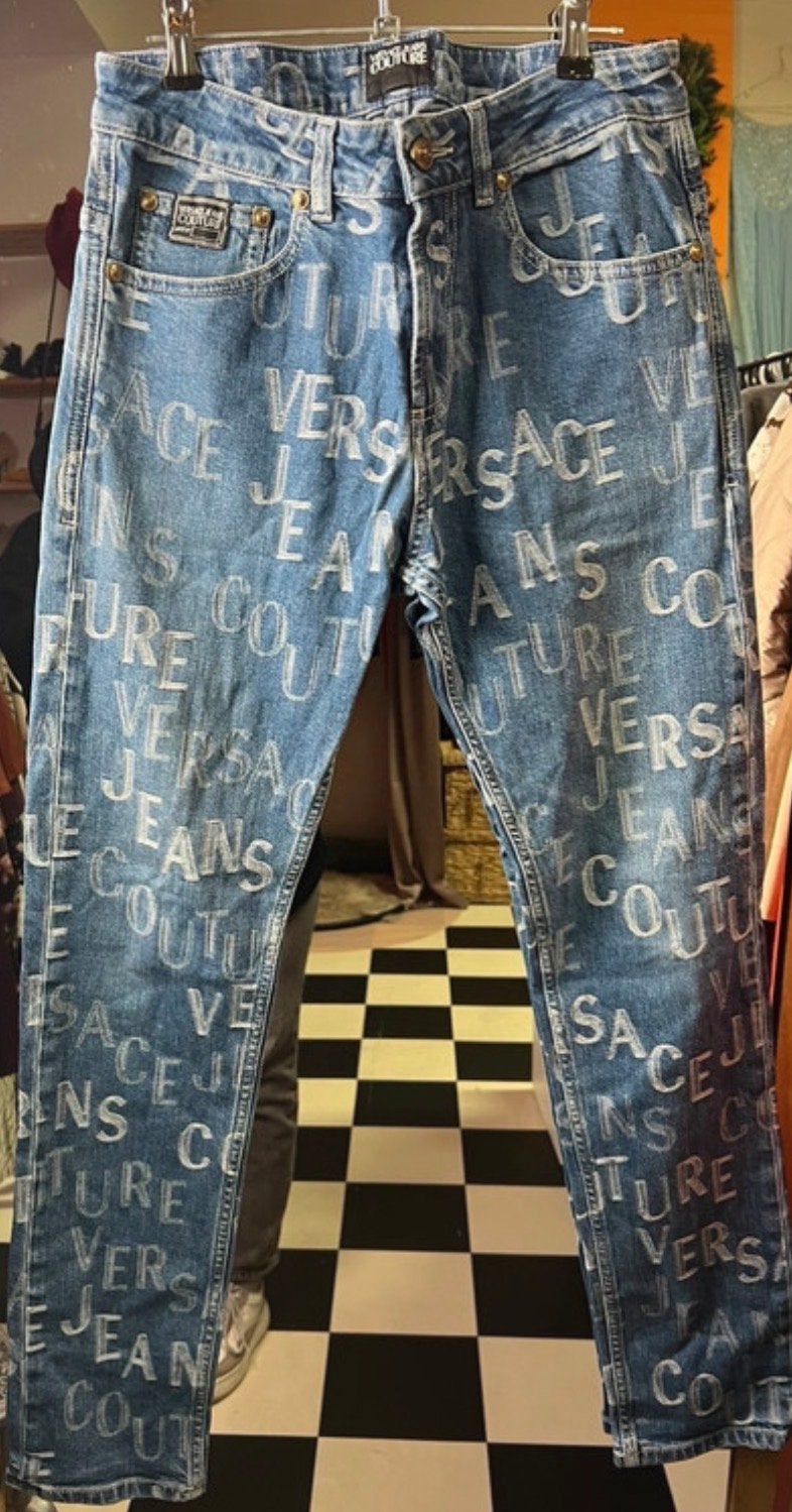 Versace Jeans Couture spijkerbroek met logo print, Ophalen of Verzenden, Zo goed als nieuw, Blauw, W28 - W29 (confectie 36)