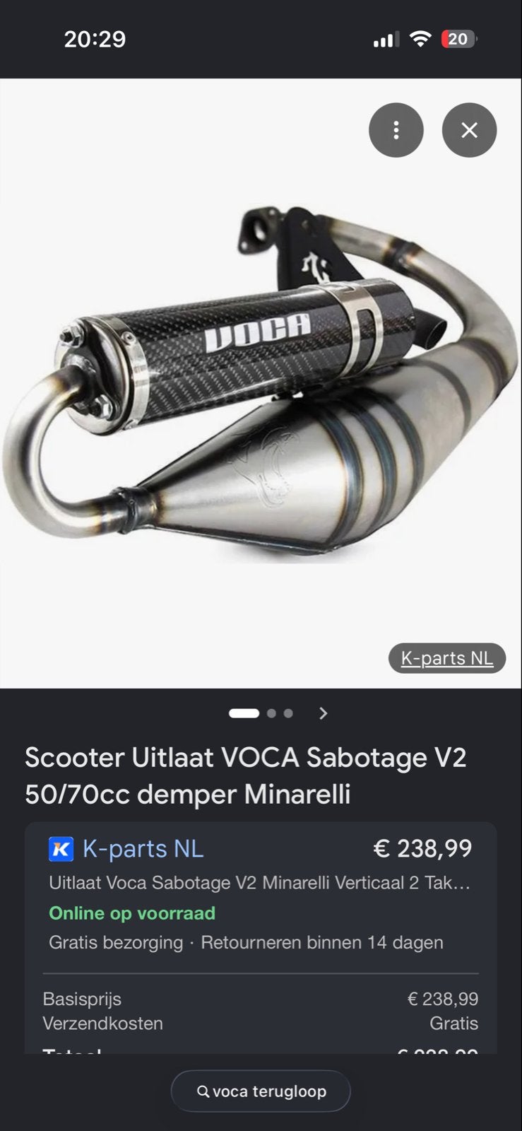 Voca terugloop uitlaat Minarelli (nieuw in doos), Ophalen of Verzenden, Nieuw, Uitlaat, Overige merken