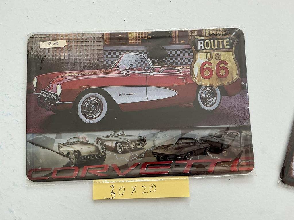 Corvette Route US 66 Metalen Bord 30x20 cm, Ophalen of Verzenden, Nieuw, Auto's