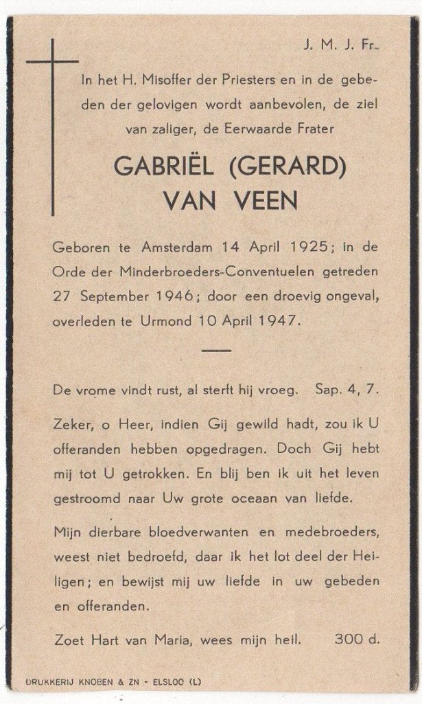 frater Gabriël/Gerard van Veen 1925 Amsterdam + 1947 Urmond, Verzenden