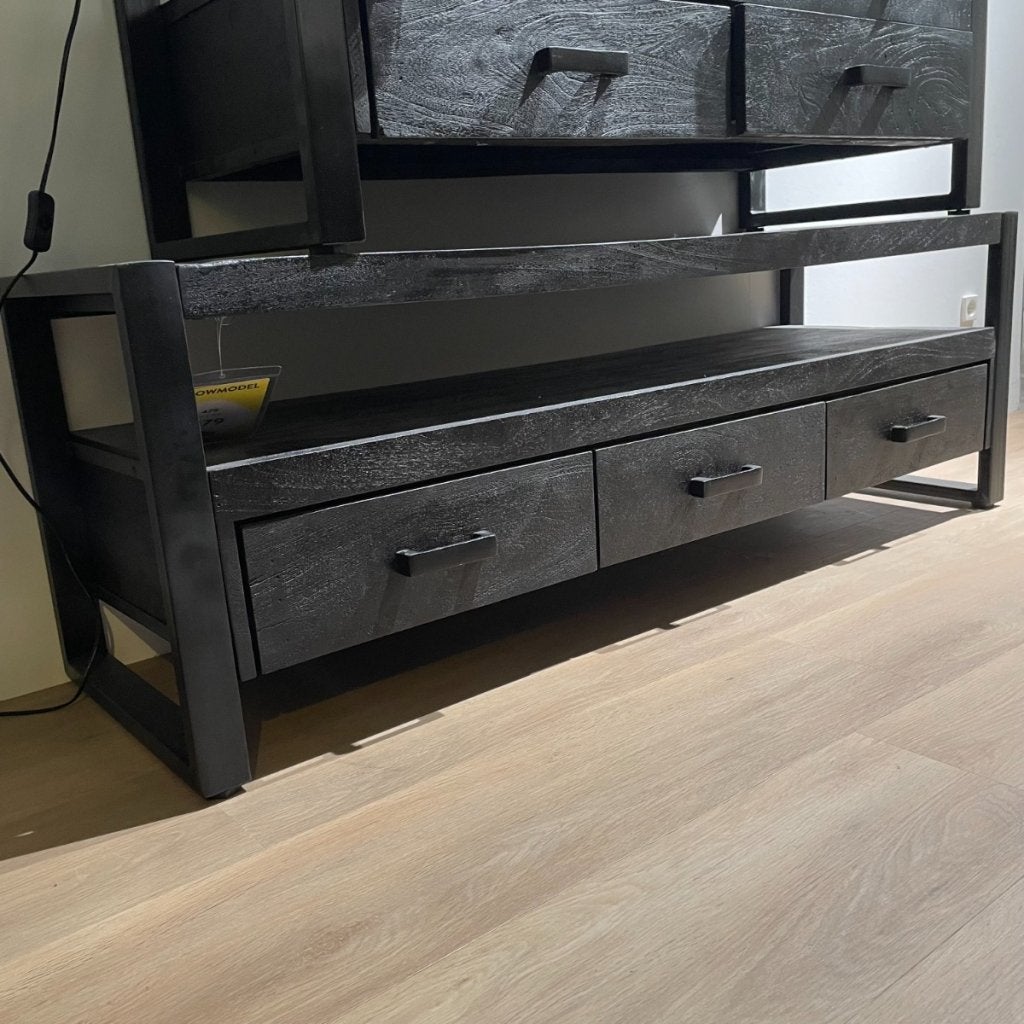 Newhaven Tv Meubel 150cm 3 la 1 open vak zwart - Profijt, Niet ingevuld, Niet ingevuld, Niet ingevuld
