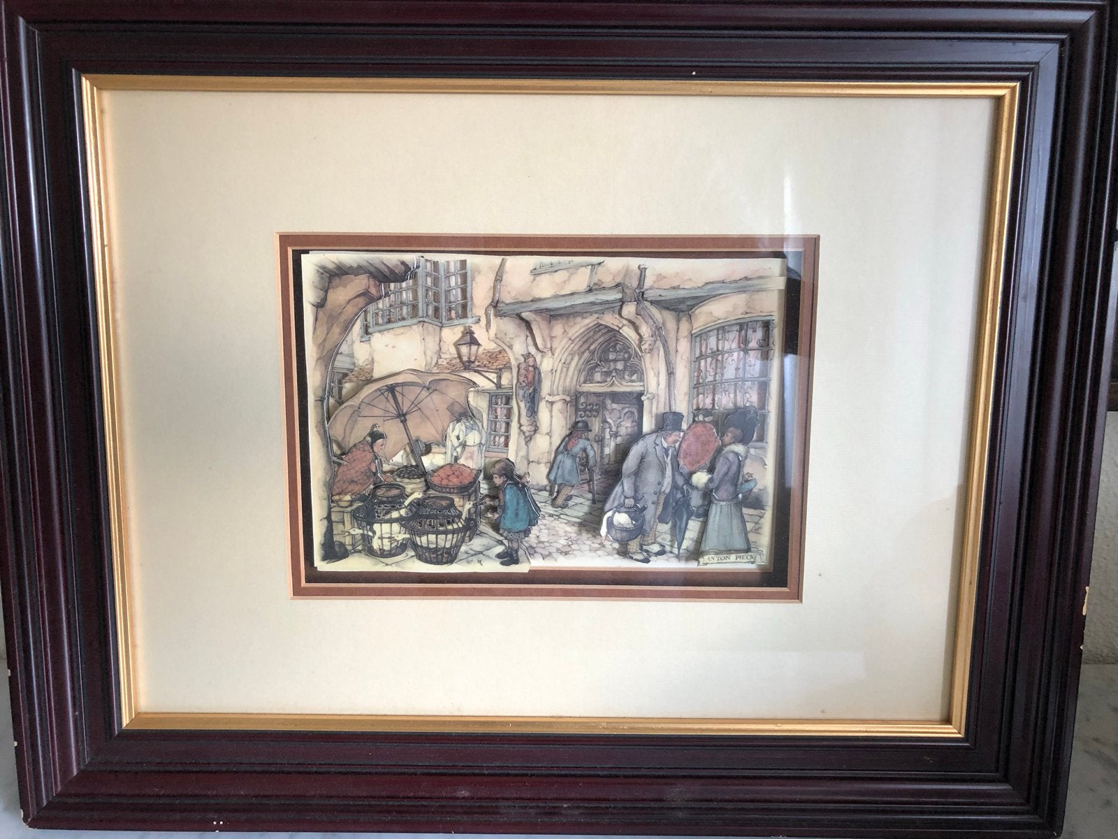 Ingelijste Anton Pieck van stadsgezicht met mensen SPOTPRIJS, Achter glas, Realistisch, Overige technieken, Ophalen of Verzenden