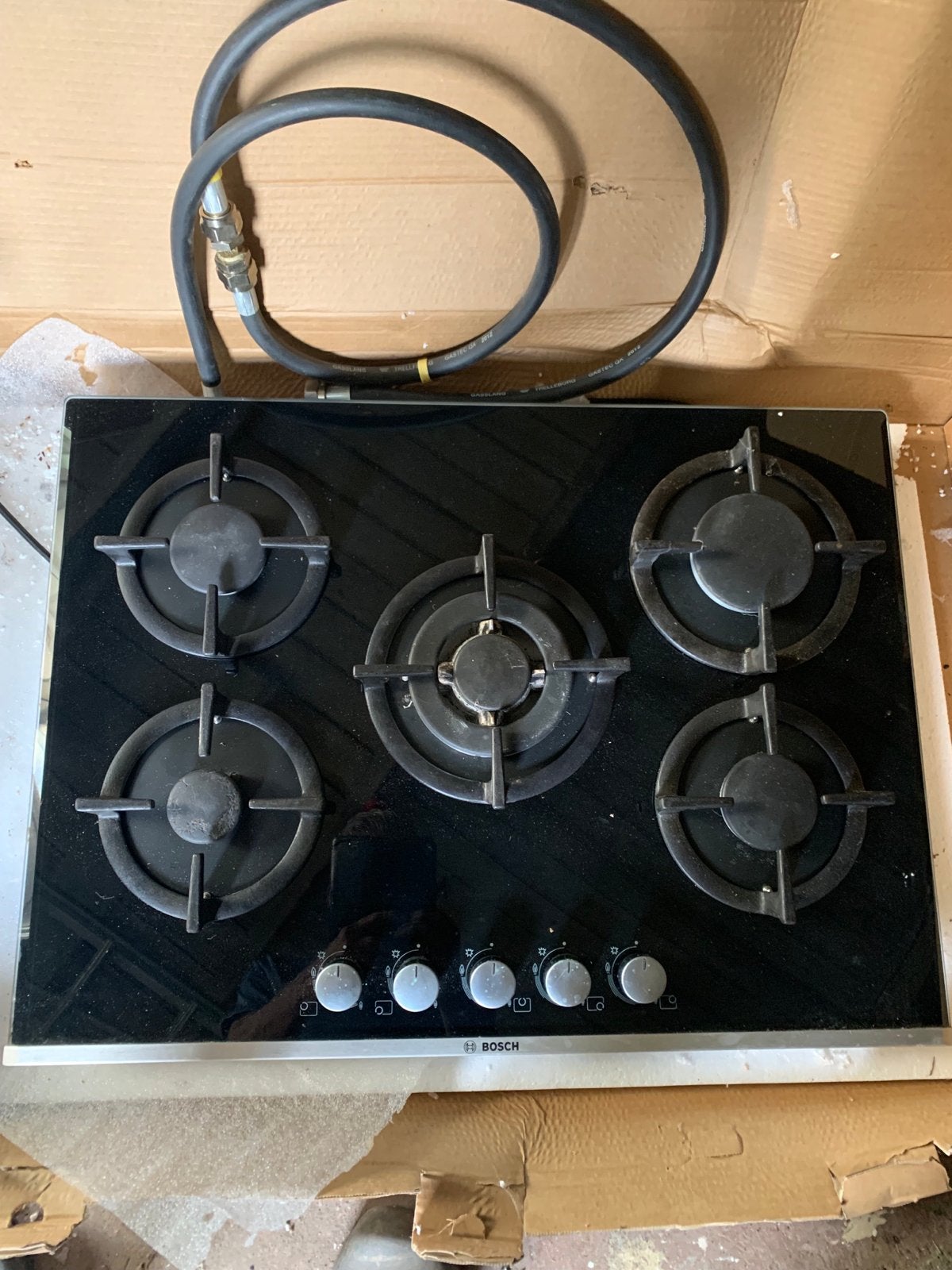Bosch 5-pits gasfornuis - Inbouw - Zwart glas, Ophalen, Gebruikt, Inbouw, Gas