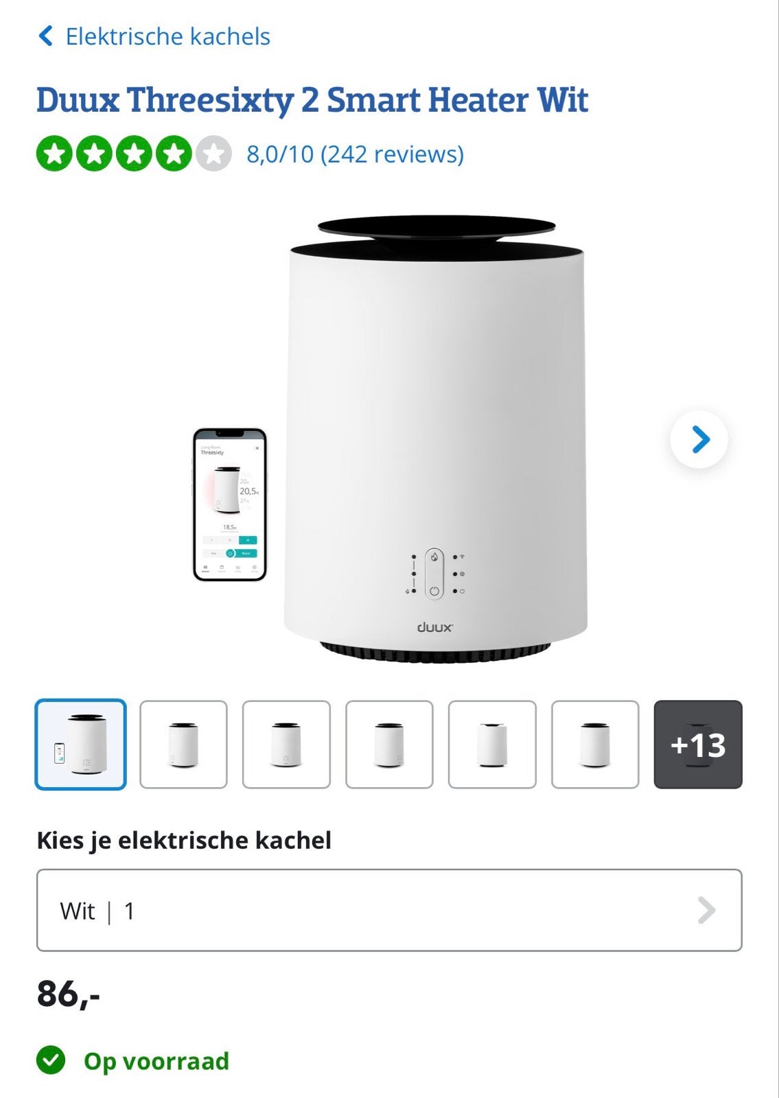 Duux Threesixty 2 Smart Heater Wit - Compacte elektrische ka, Overige soorten, Elektrisch, Nieuw, Ophalen of Verzenden