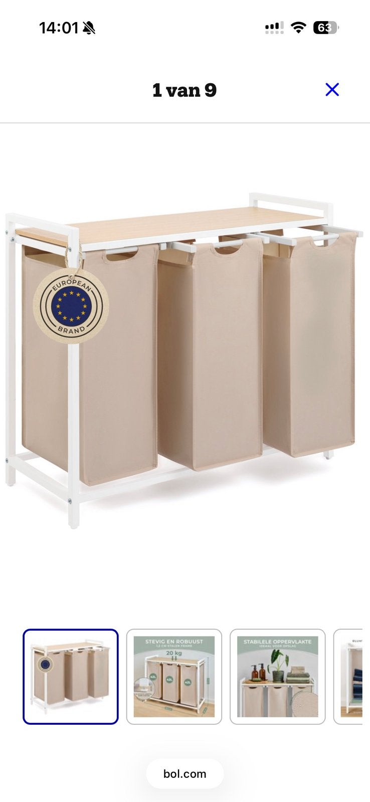 Wasmand 3 zakken beige en wit hout, Ophalen, Nieuw, Beige