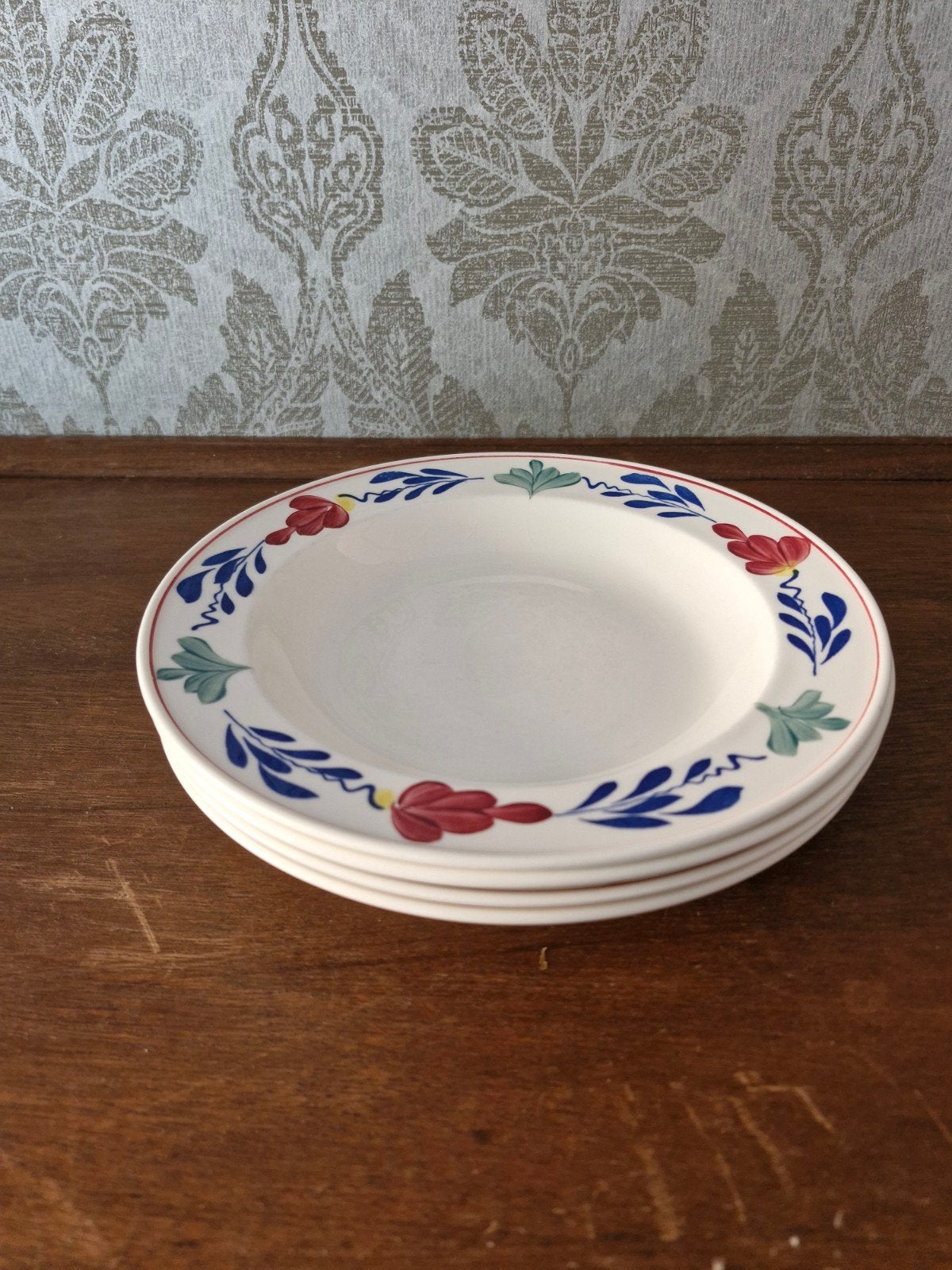 Vintage Boerenbont set van vier diepe borden (jaren '60), Gebruikt, Overige merken, Keramiek, Landelijk/Boerenbont