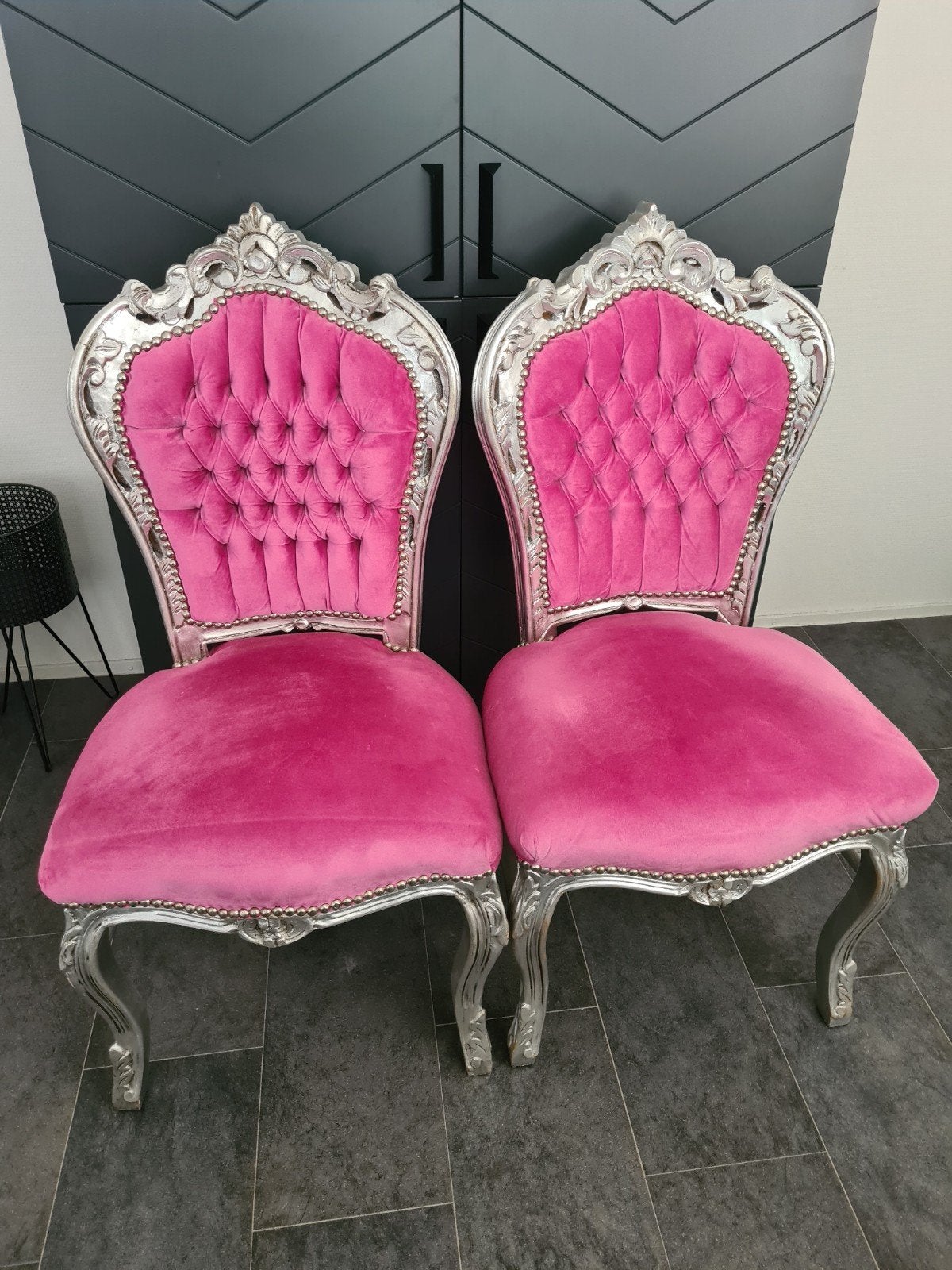 Set van 4 roze barok stoelen met zilveren frame, Ophalen