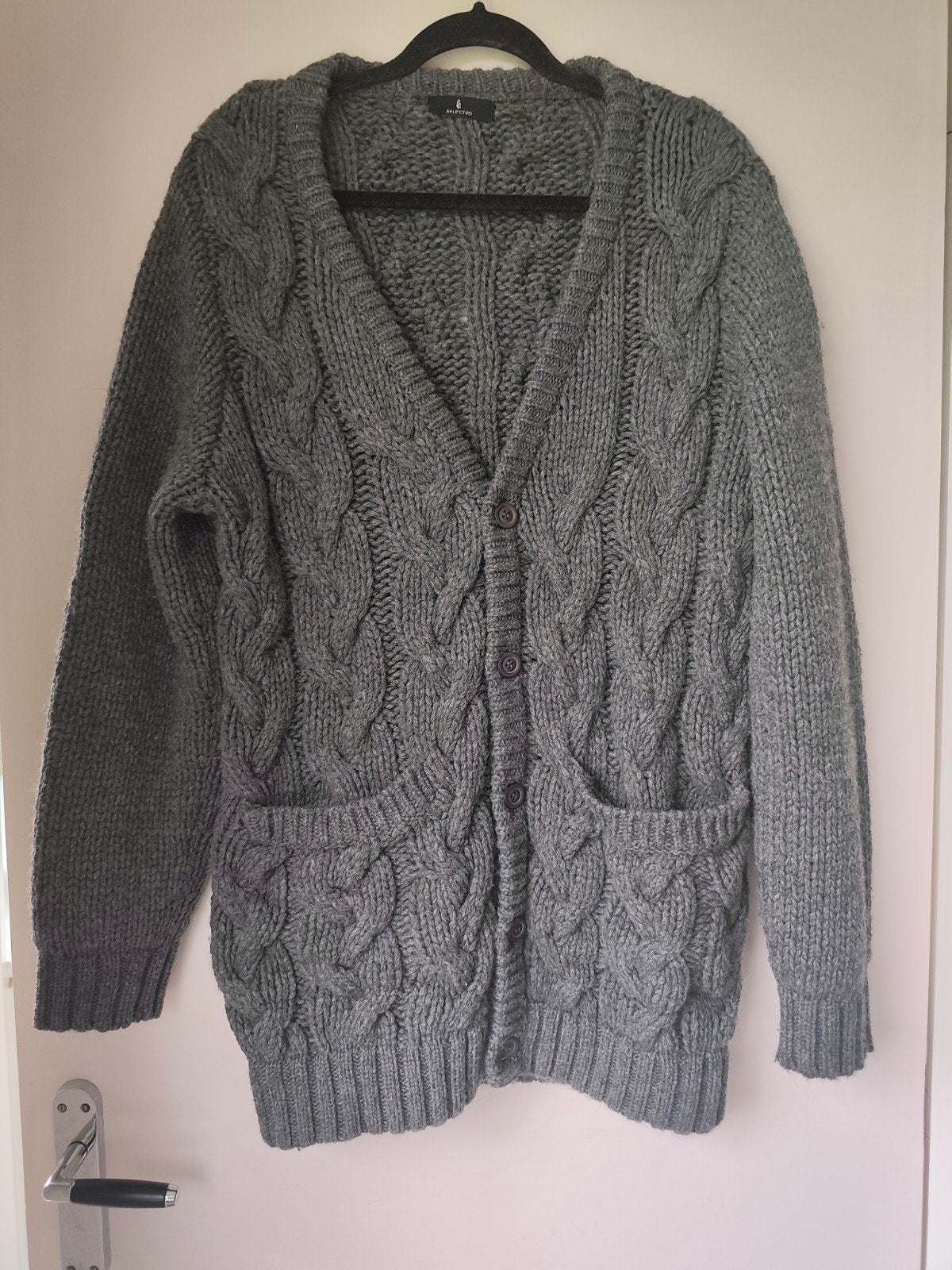 Selected antracietgrijs wollen herenvest, mt L, met kabels, Maat 52/54 (L), Ophalen of Verzenden, Grijs, Gedragen
