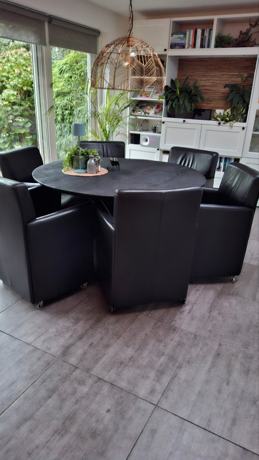 6  leren eetkamerstoelen met wieltjes, Ophalen, Gebruikt, Zwart, Leer