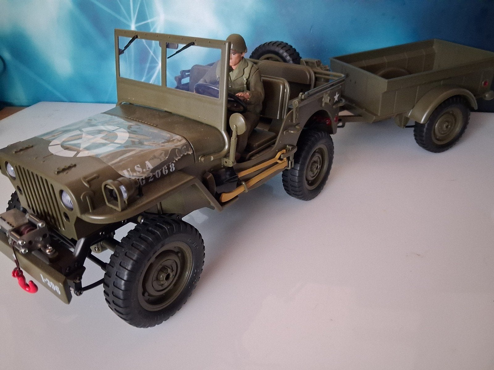 Willy,s Jeep+aanhanger +soldaat  rc auto 1:10, Elektro, Auto offroad, Nieuw, Ophalen of Verzenden