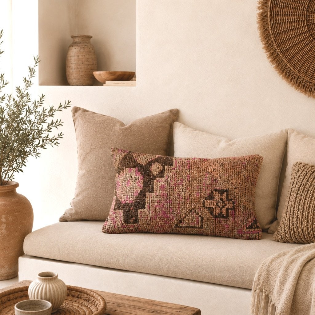 Kelimkussen 40x60 vintage bruin roze fuchsia uniek SALE, Yazgibi, Handgemaakt, Nieuw, Sierkussen