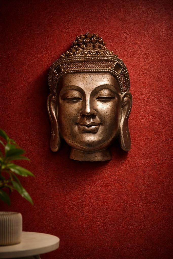 Boeddha Hoofd Wanddecoratie - zilverkleurig, Ophalen of Verzenden, Zo goed als nieuw