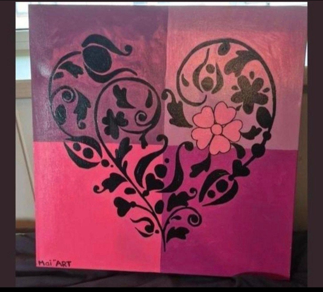 Hartvormig Schilderij met Bloemmotief - Roze/Paars, Antiek en Kunst, Kunst | Schilderijen | Modern, Ophalen, Acrylverf, Abstract