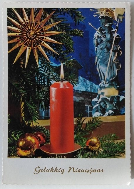 Oude Kerstkaart met brandende kaars. , Verzamelen, Ansichtkaarten | Themakaarten, Gelopen, 1960 tot 1980, Feest(dag), Ophalen of Verzenden