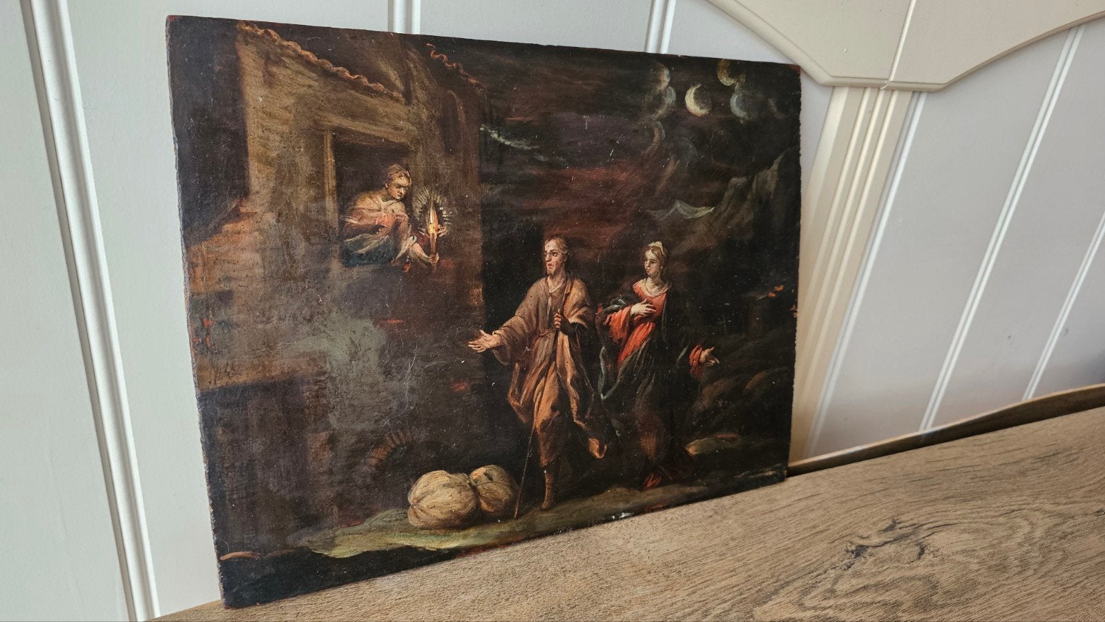 17e Eeuws Italiaans Bijbels Nachttafereel Olieverf Paneel, Antiek en Kunst, Ophalen of Verzenden, Portret of Personen