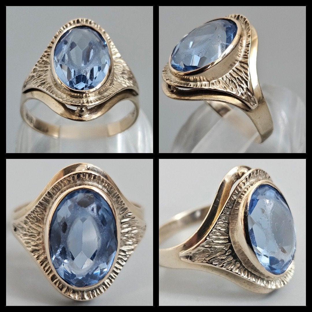 gouden ring bezet met geslepen spinel of aquamarijn, Sieraden, Tassen en Uiterlijk, Antieke sieraden, Ophalen of Verzenden, Goud