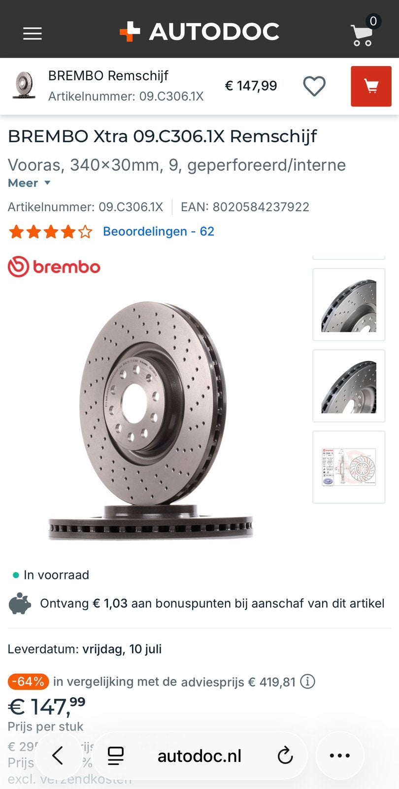 BREMBO Xtra 09.C306.1X Remschijven SET 2x, Auto-onderdelen, Remmen en Aandrijving, Ophalen of Verzenden, Nieuw, BMW