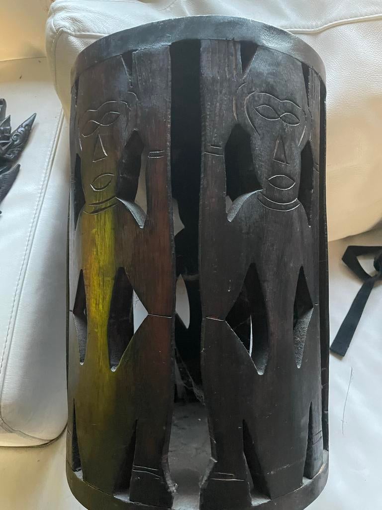 Vintage Afrikaanse Houten Kruk/Bijzettafel met Figuren, Ophalen of Verzenden